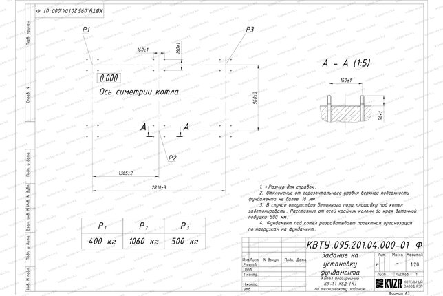 Котел на угле дровах 1.1 МВт с колосниками фундамент